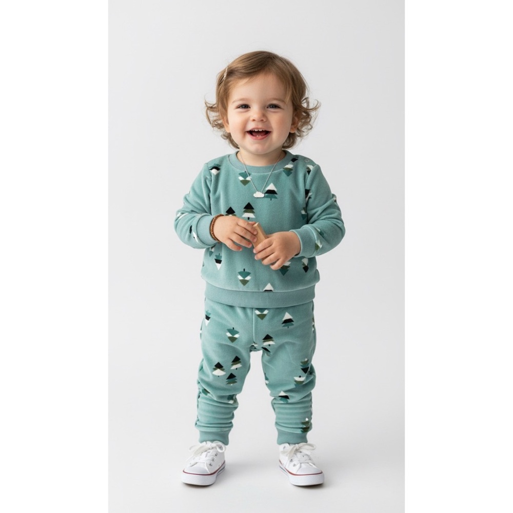 Cat & Jack Green Tree Print Outfit Set | Long Sleeve Top & Pants | Baby 12M